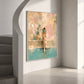 Poolside Pages artwork displayed beside a curved staircase.