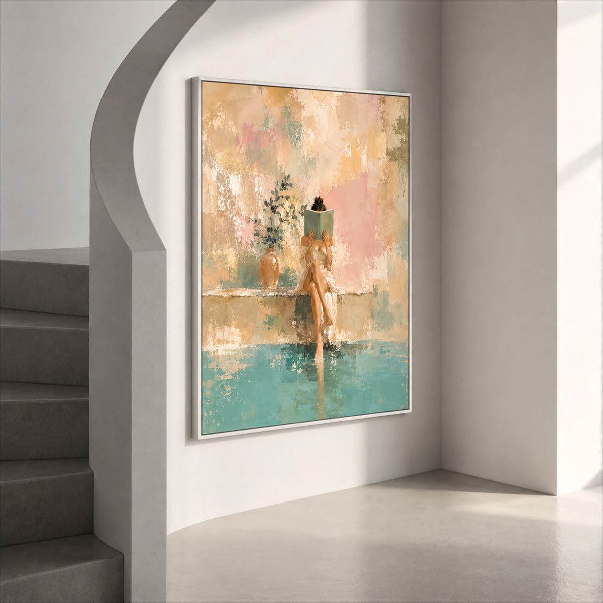 Poolside Pages artwork displayed beside a curved staircase.