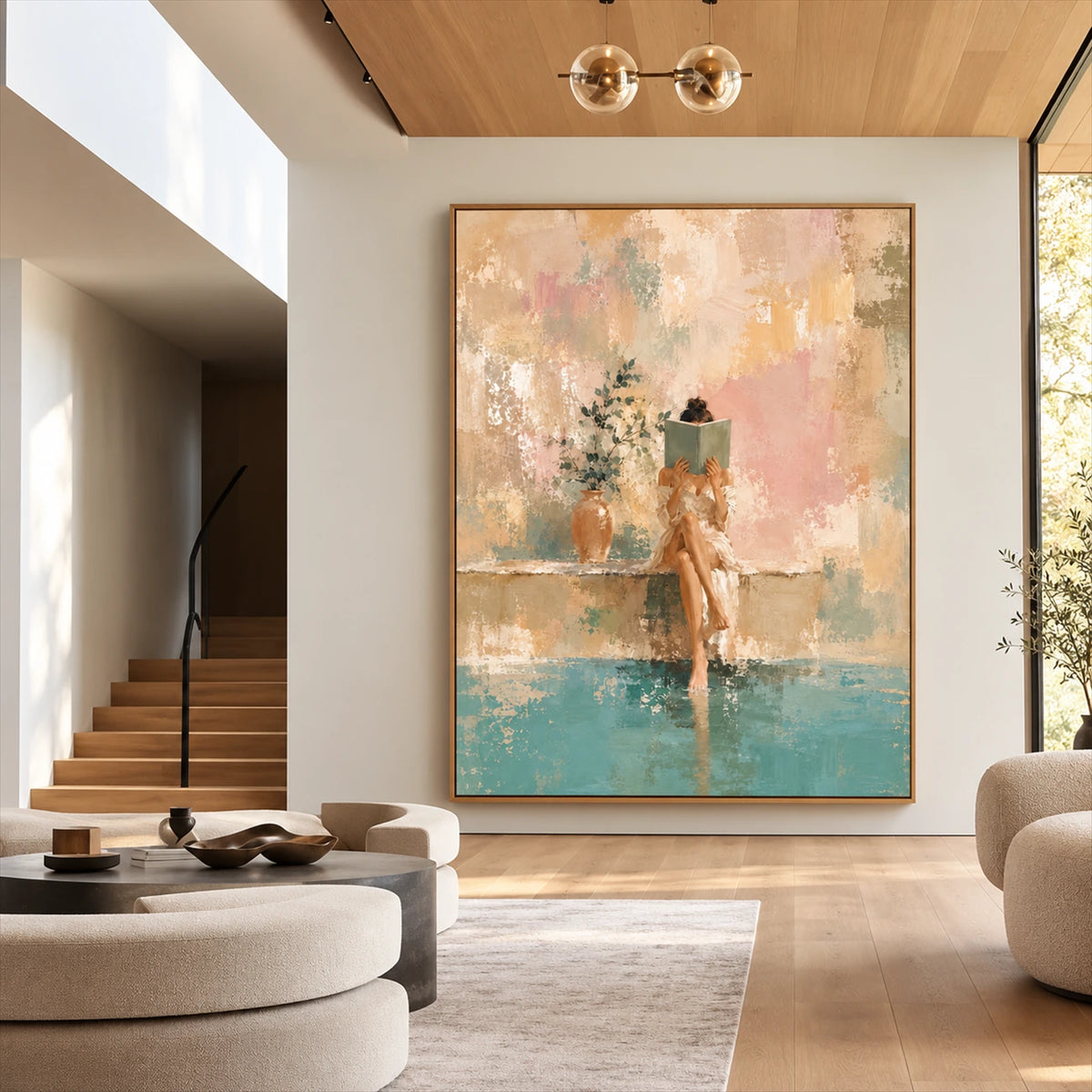 Poolside Pages artwork displayed above curved seating near a wooden staircase.
