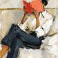 Vermilion Pages full artwork. A seated reader disappears behind a vivid red book, with a loose white shirt and dark trousers forming bold diagonal shapes.