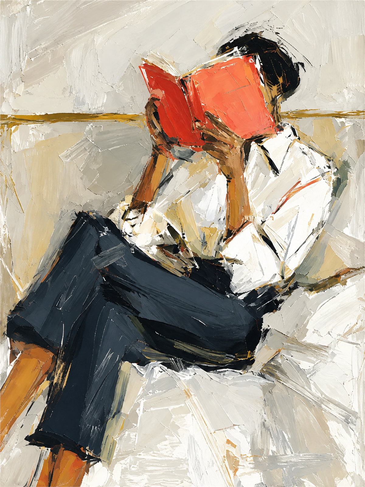 Vermilion Pages full artwork. A seated reader disappears behind a vivid red book, with a loose white shirt and dark trousers forming bold diagonal shapes.
