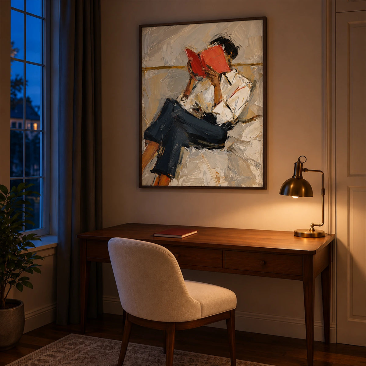 Vermilion Pages artwork displayed above a wooden desk beside a dusk window.