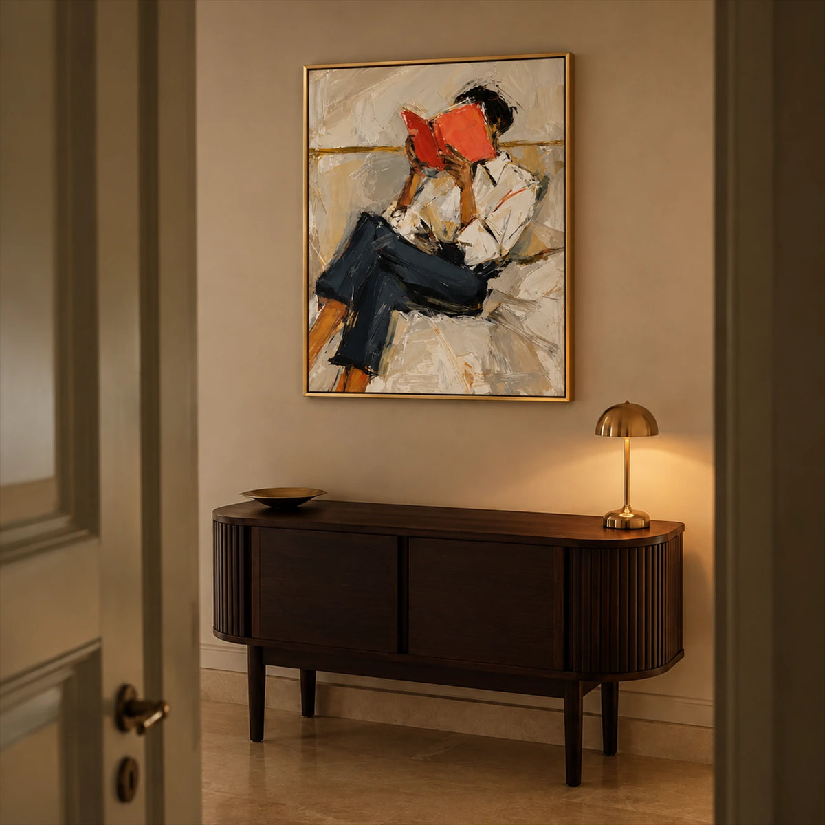 Vermilion Pages artwork displayed above a dark wooden sideboard.