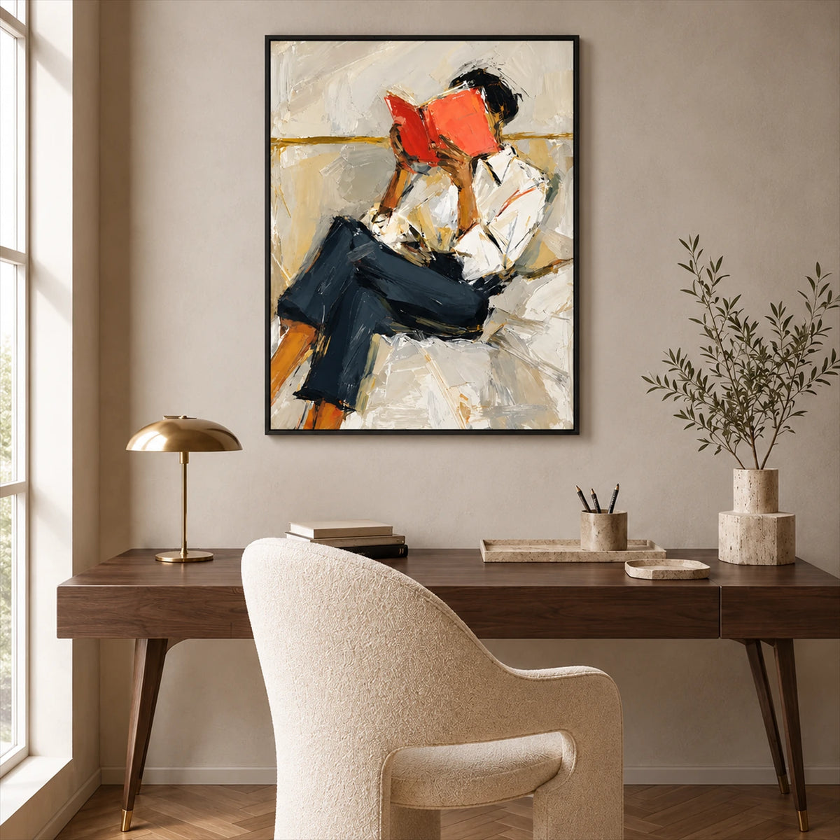 Vermilion Pages artwork displayed above a writing desk in a bright study.