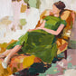 Olive Recline full artwork. A reclining figure in a flowing green dress settles into a warmly patterned chair.