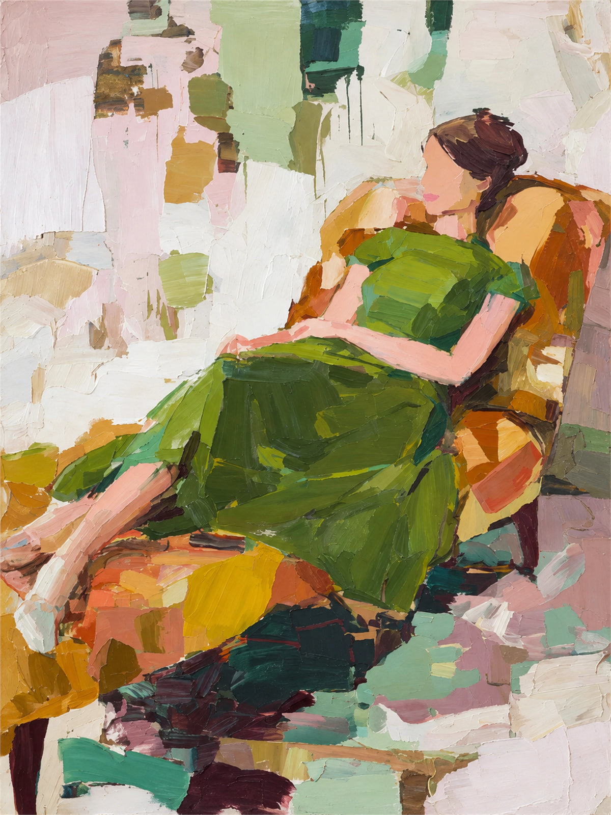 Olive Recline full artwork. A reclining figure in a flowing green dress settles into a warmly patterned chair.