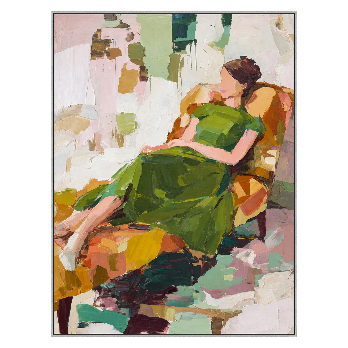 Olive Recline artwork in a silver frame on a transparent background.