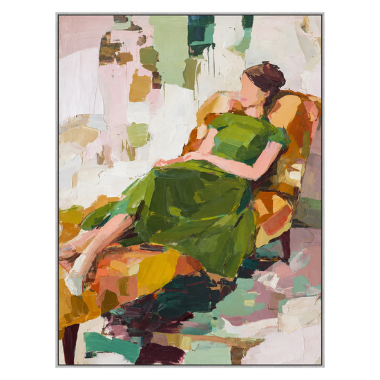 Olive Recline artwork in a silver frame on a transparent background.