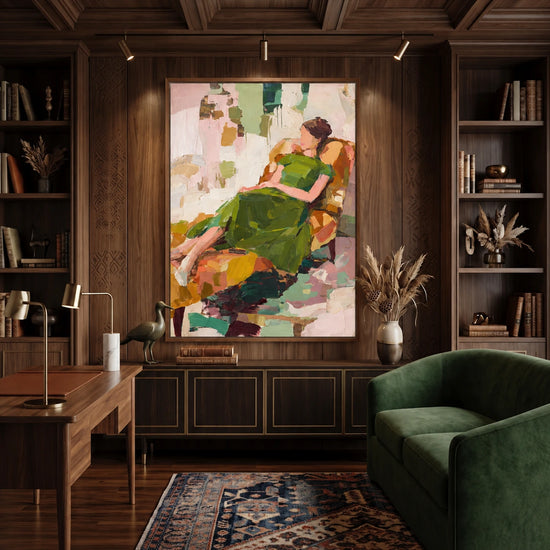Olive Recline artwork displayed in a dark wood-paneled study.
