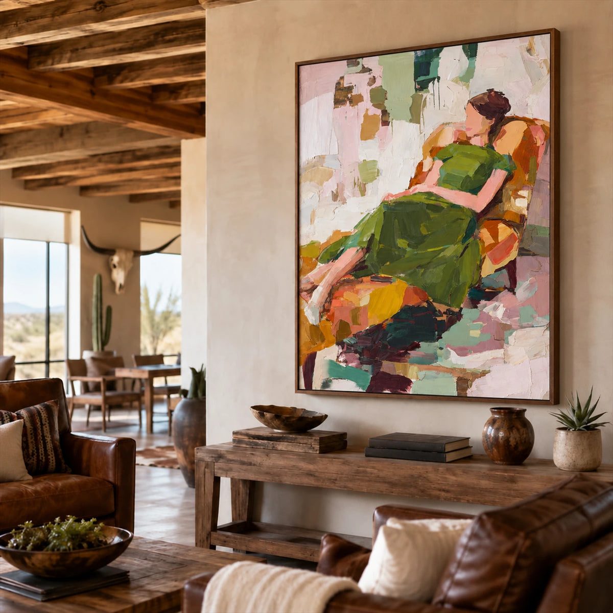 Olive Recline artwork displayed above a rustic wooden console.