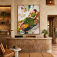 Olive Recline artwork displayed above a textured reception counter.