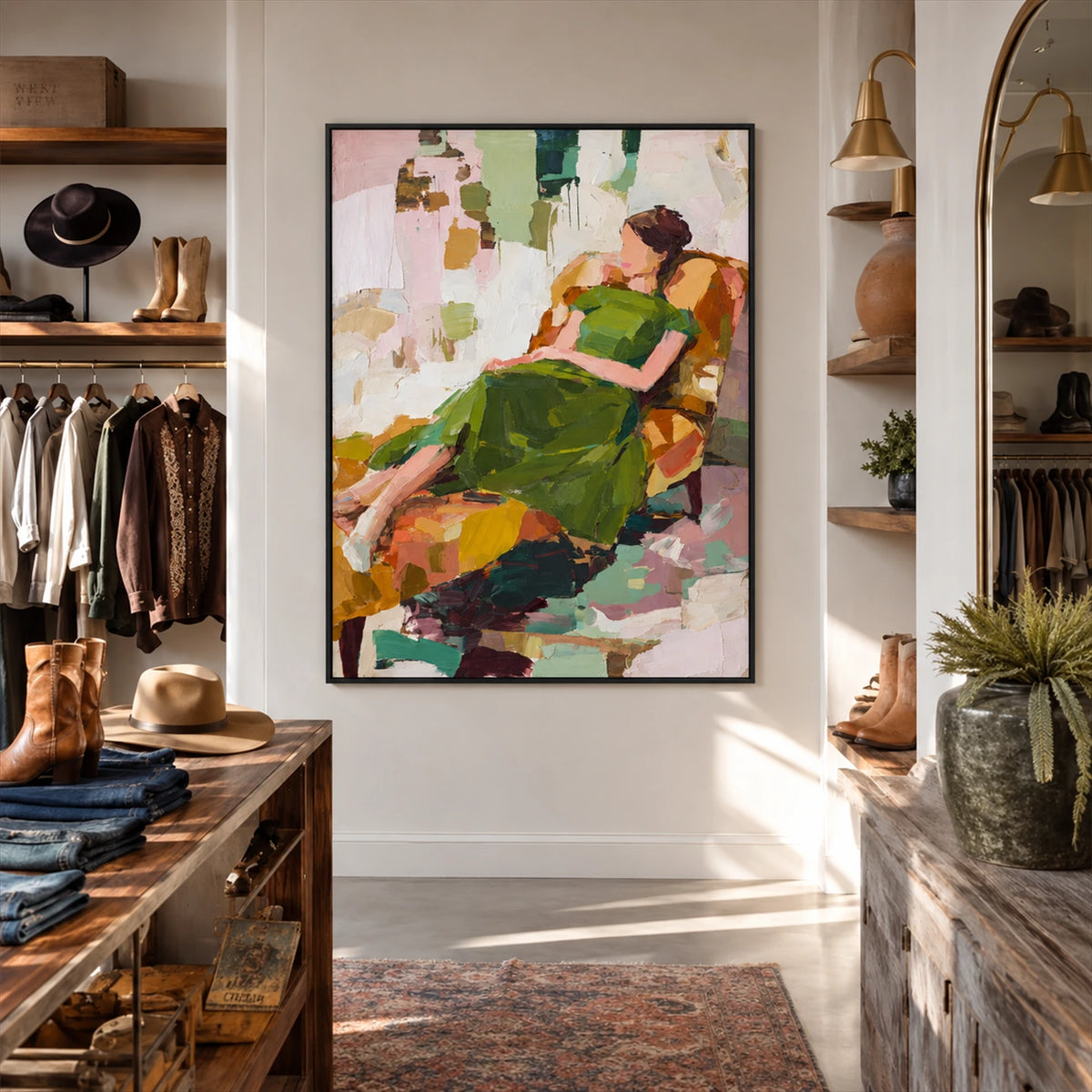 Olive Recline artwork displayed inside a bright boutique with clothing displays.