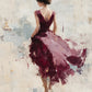 Plum Pirouette full artwork. A figure turns away in a sweeping plum dress, its soft folds dissolving into a pale, textured background.