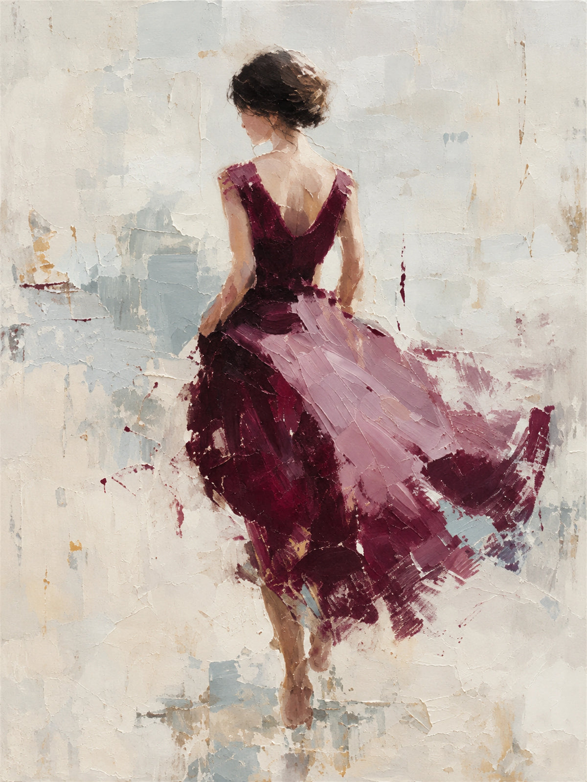 Plum Pirouette full artwork. A figure turns away in a sweeping plum dress, its soft folds dissolving into a pale, textured background.