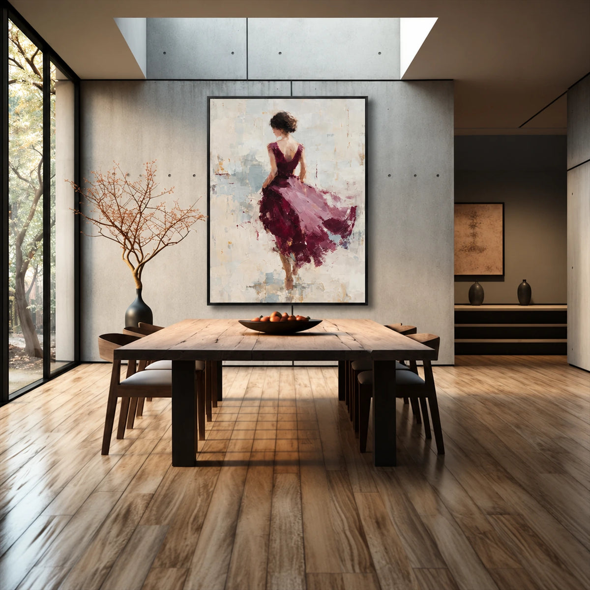 Plum Pirouette artwork displayed above a dining table beneath a skylight.