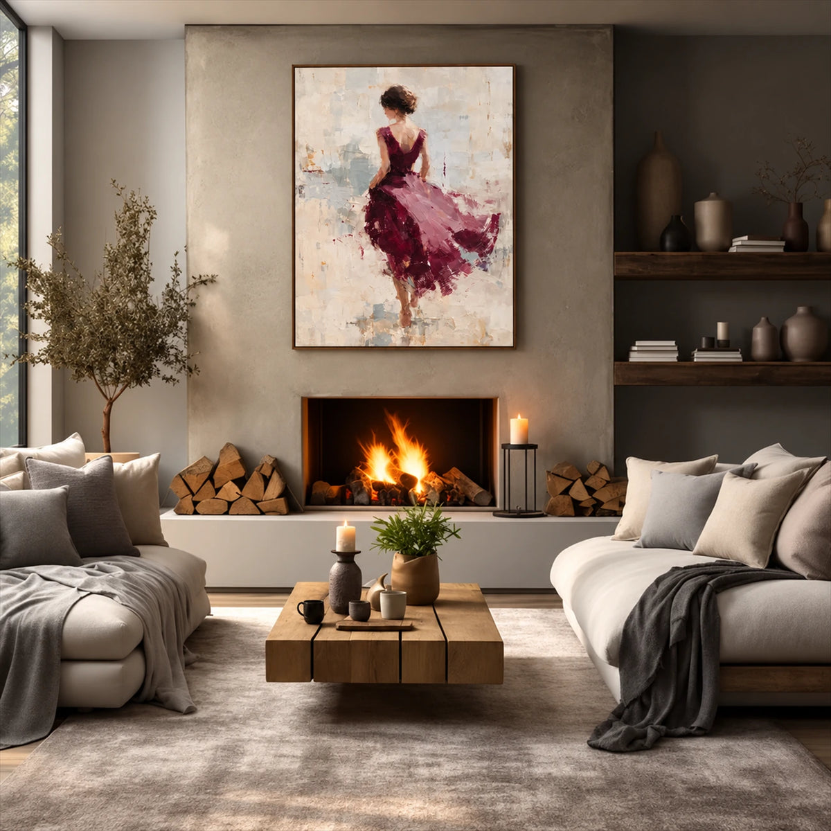Plum Pirouette artwork displayed above a fireplace in a neutral living room.