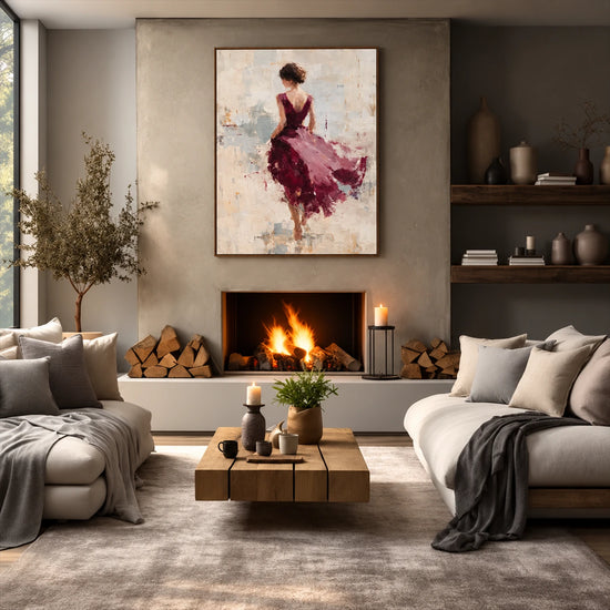 Plum Pirouette artwork displayed above a fireplace in a neutral living room.