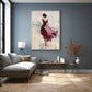Plum Pirouette artwork displayed above a gray sofa against a blue wall.
