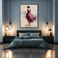Plum Pirouette artwork displayed above a bed against a blue wall.