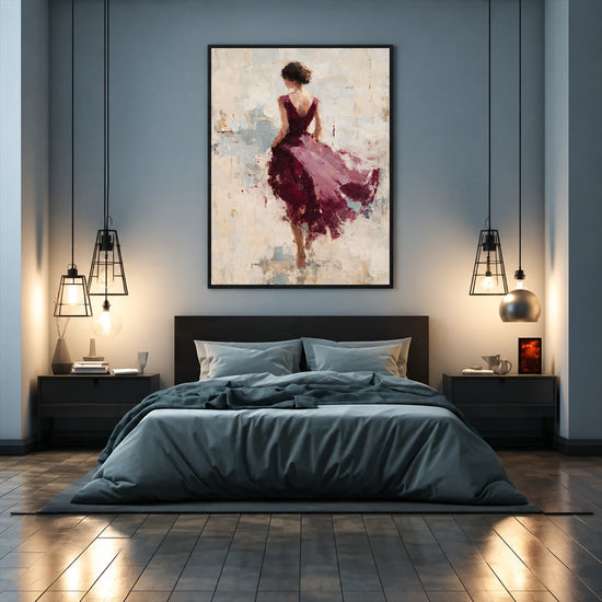 Plum Pirouette artwork displayed above a bed against a blue wall.