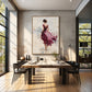 Plum Pirouette artwork displayed above a dining table beside tall windows.