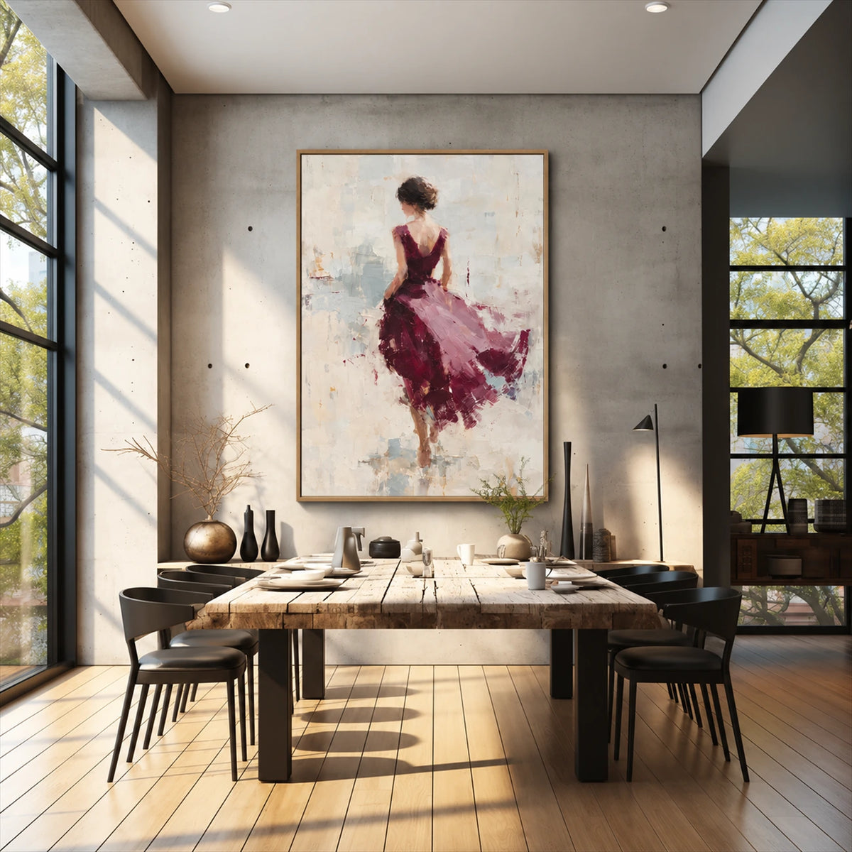 Plum Pirouette artwork displayed above a dining table beside tall windows.