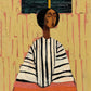 Ochre Poise full artwork. A composed figure in a striped blouse sits beneath a broad dark geometric form, set against a warm ochre ground.