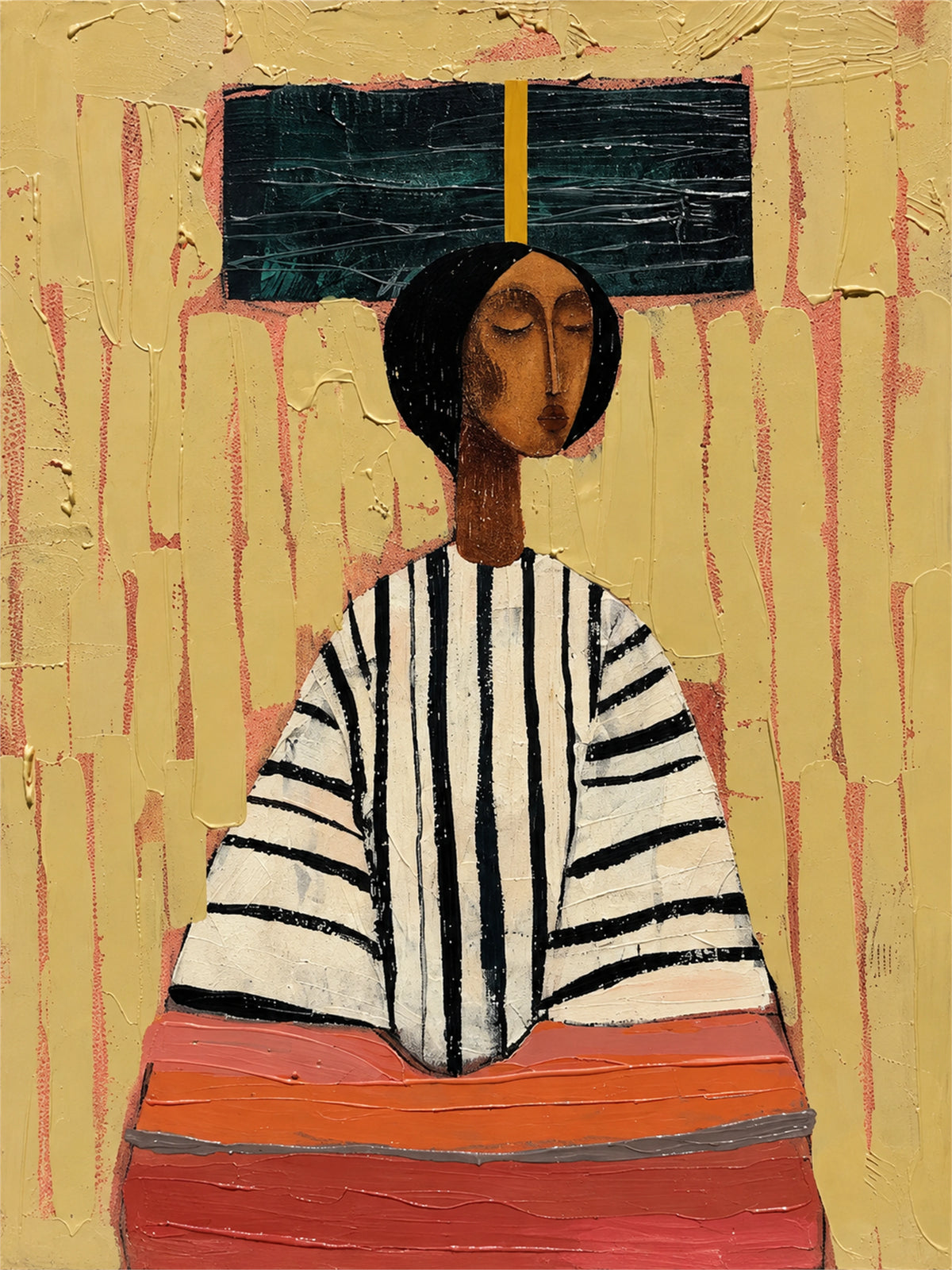 Ochre Poise full artwork. A composed figure in a striped blouse sits beneath a broad dark geometric form, set against a warm ochre ground.