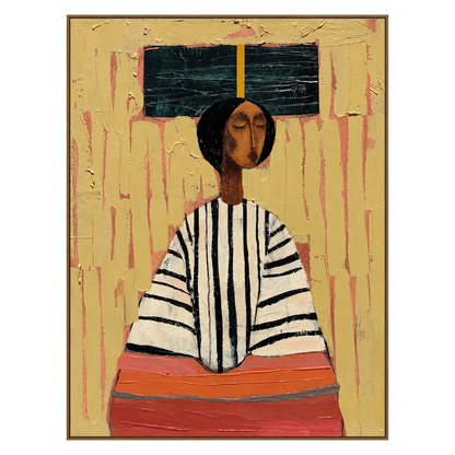 Ochre Poise artwork in a natural wood frame on a transparent background.