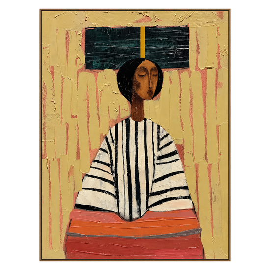 Ochre Poise artwork in a natural wood frame on a transparent background.
