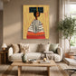 Ochre Poise artwork displayed above a cream sofa beside an indoor tree.