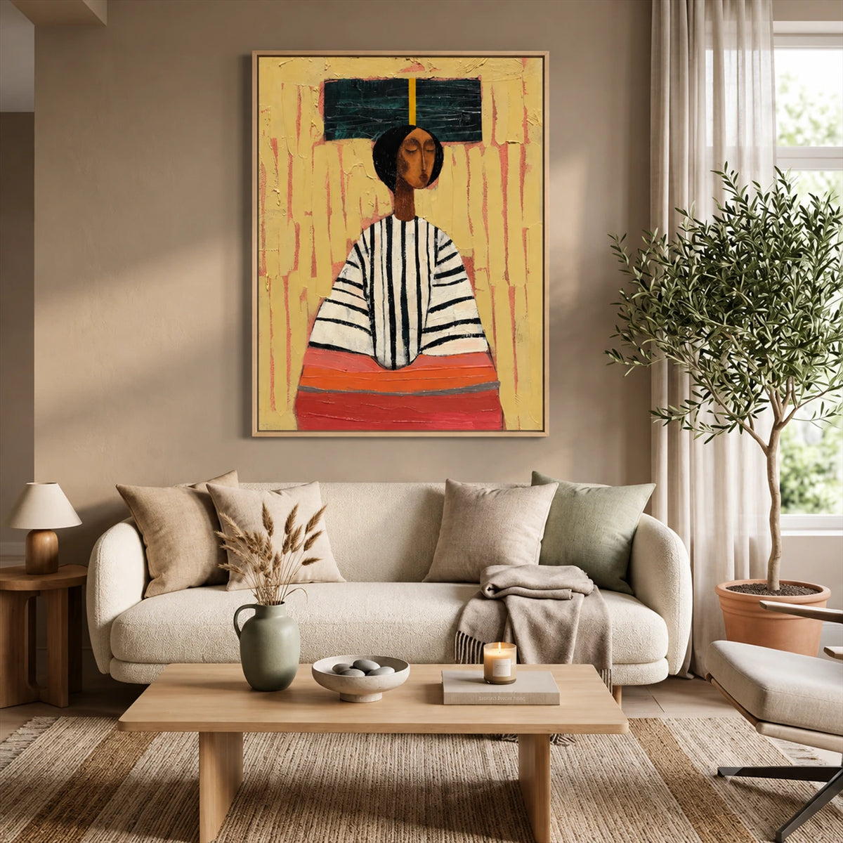 Ochre Poise artwork displayed above a cream sofa beside an indoor tree.