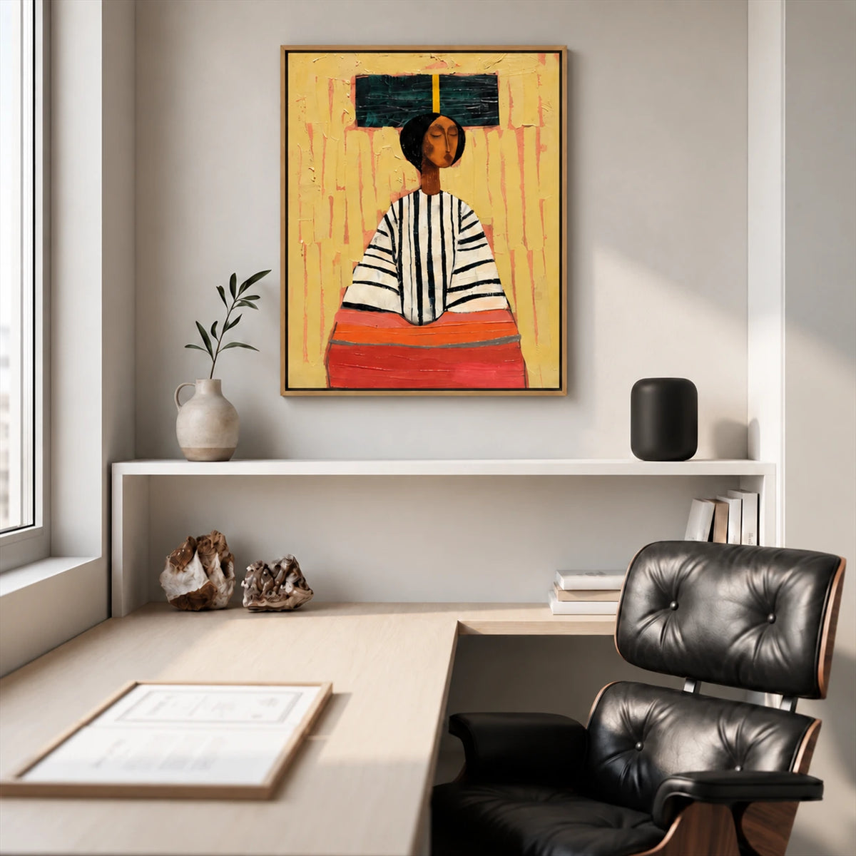 Ochre Poise artwork displayed above a shelf beside a black leather chair.