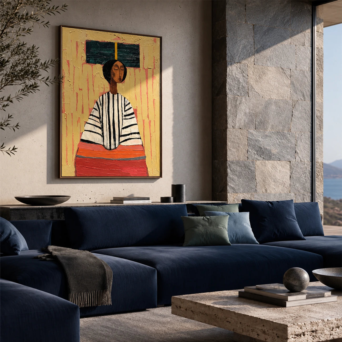 Ochre Poise artwork displayed above a navy sofa beside a stone wall.