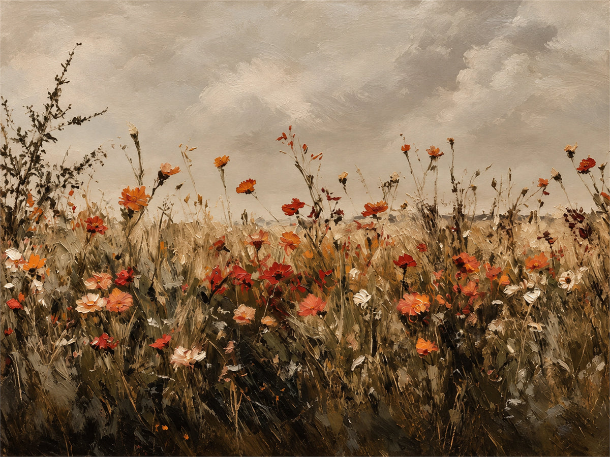 Autumn Wildflowers full artwork. Rust, amber, and cream wildflowers rise from a dark meadow beneath a softly clouded sky.