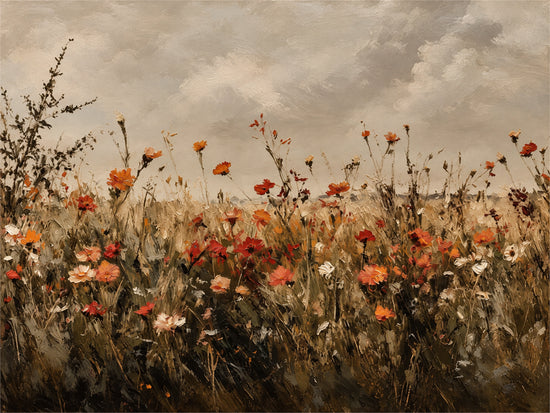 Autumn Wildflowers full artwork. Rust, amber, and cream wildflowers rise from a dark meadow beneath a softly clouded sky.