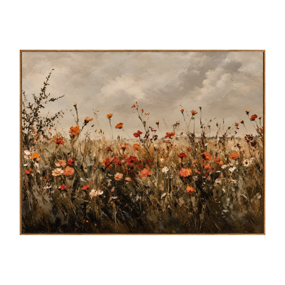 Autumn Wildflowers artwork in a natural wood frame on a transparent background.