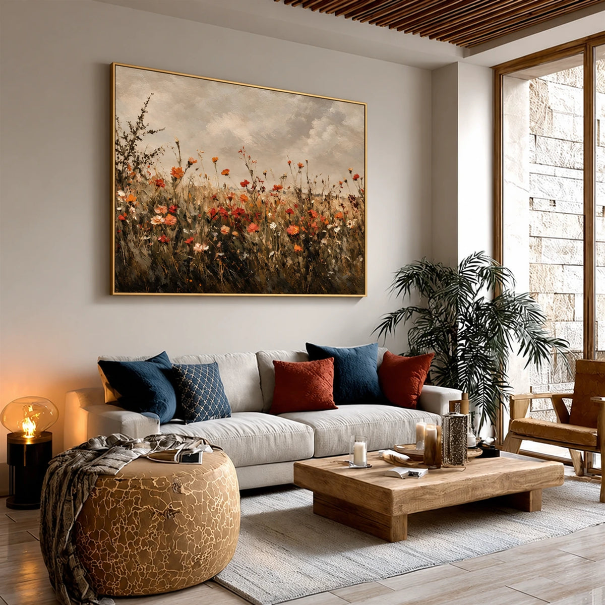 Autumn Wildflowers artwork displayed above a cream sofa with colorful cushions.