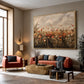 Autumn Wildflowers artwork displayed above a red sofa in a neutral living room.