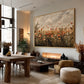 Autumn Wildflowers artwork displayed above seating beside tall windows.