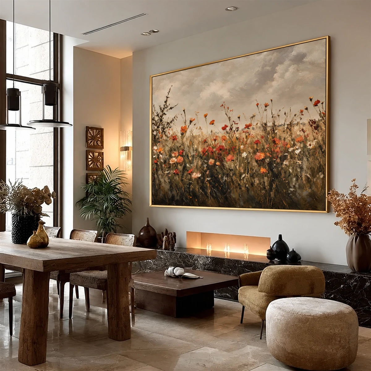 Autumn Wildflowers artwork displayed above seating beside tall windows.