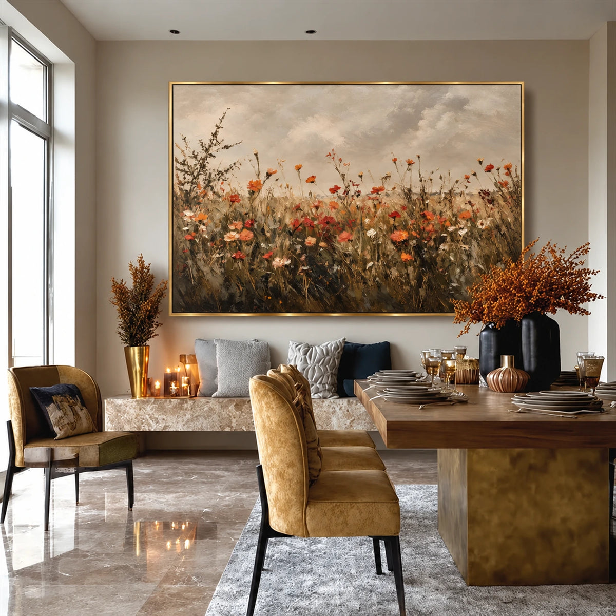 Autumn Wildflowers artwork displayed above a dining table in a bright room.