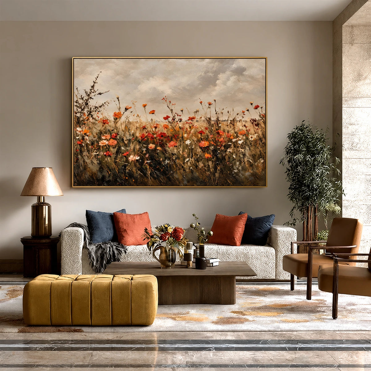 Autumn Wildflowers artwork displayed above a gray sofa and mustard ottoman.