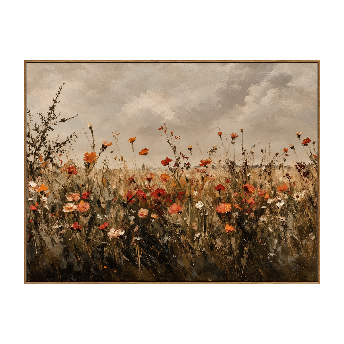 Autumn Wildflowers artwork in a natural wood frame on a transparent background.