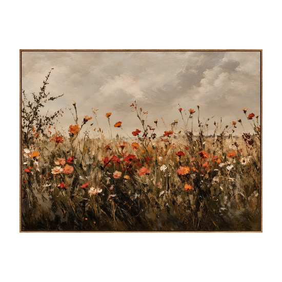 Autumn Wildflowers artwork in a natural wood frame on a transparent background.