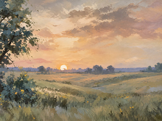 Meadow Sundown full artwork. The setting sun rests near a distant tree line, casting peach and golden light over rolling green fields.