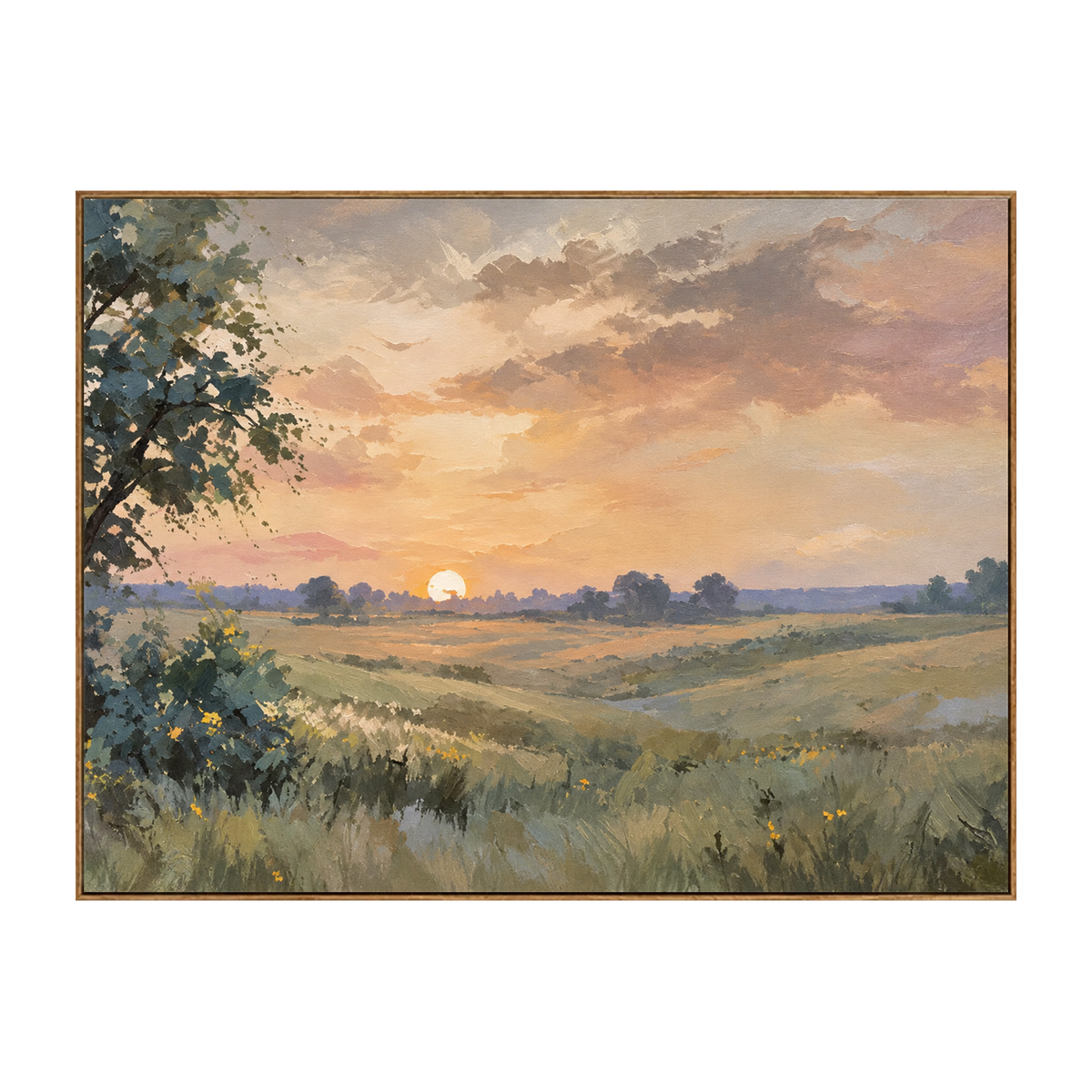 Meadow Sundown artwork in a natural wood frame on a transparent background.