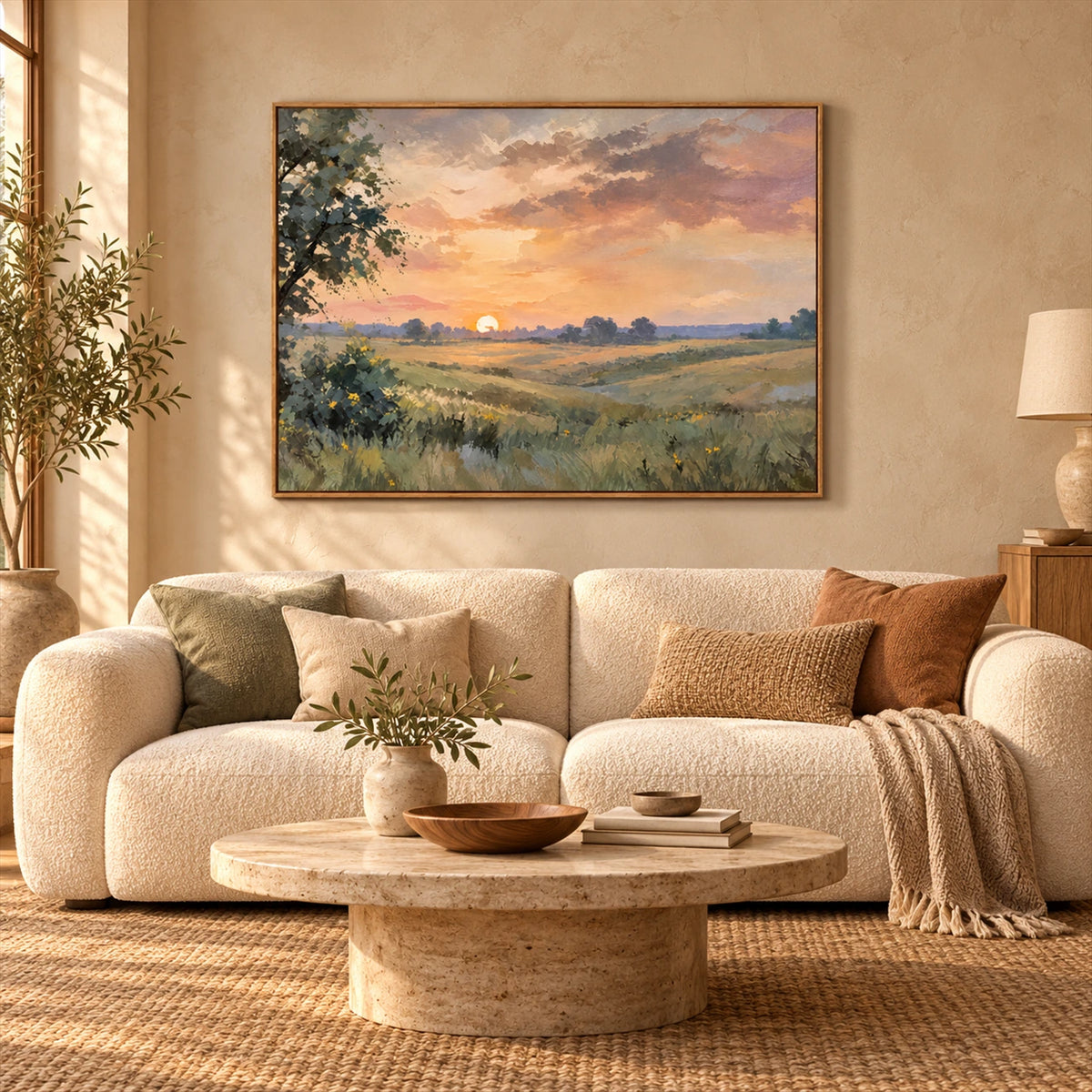 Meadow Sundown artwork displayed above a cream sofa with earthy cushions.