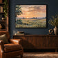 Meadow Sundown artwork displayed above a wooden cabinet against a dark wall.