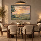 Meadow Sundown artwork displayed above a wooden dining table.